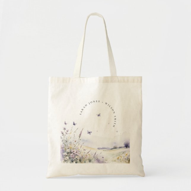 Lilac Wildblume Butterfly Field Landscape Wedding Tragetasche (Vorne)