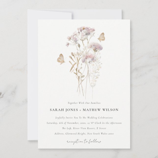 Lilac Wildblume Fern Botanische Wasserfarbenhochze Einladung (Vorderseite)