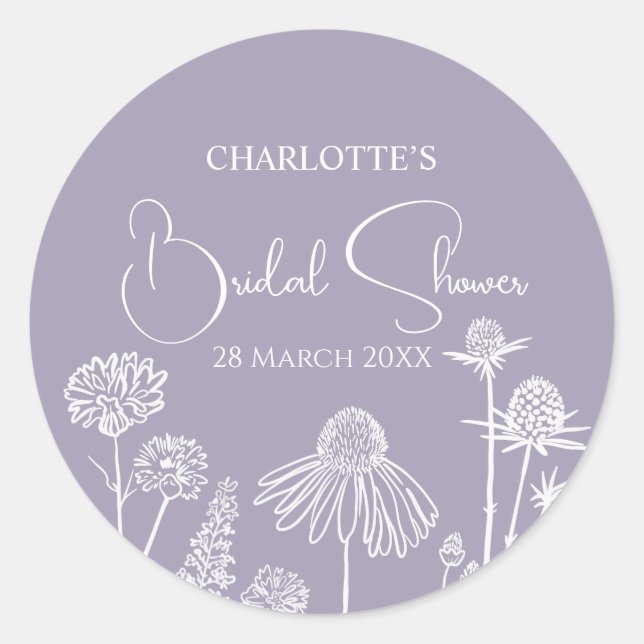 Lilac Wildblumen Sketched Floral Brautparty Runder Aufkleber (Vorderseite)