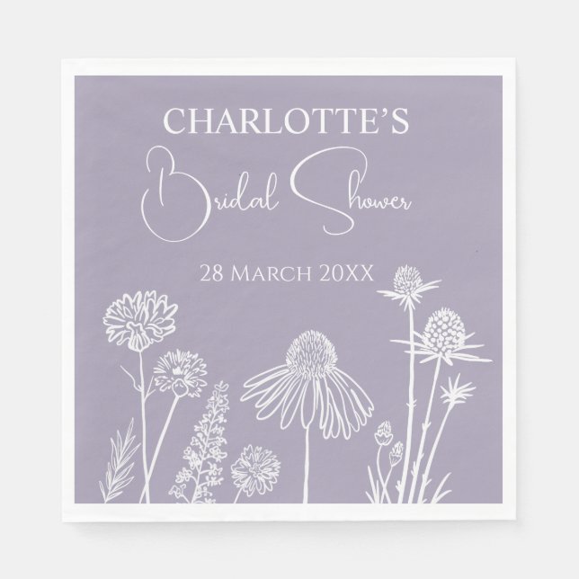 Lilac Wildblumen Sketched Floral Brautparty Serviette (Vorderseite)