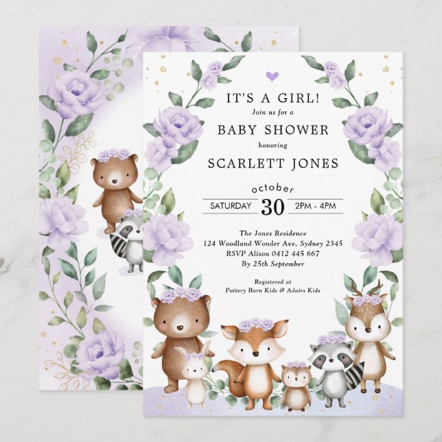 Lilac Woodland Animals Floral Wreath Baby Dusche Einladung (Vorne/Hinten)