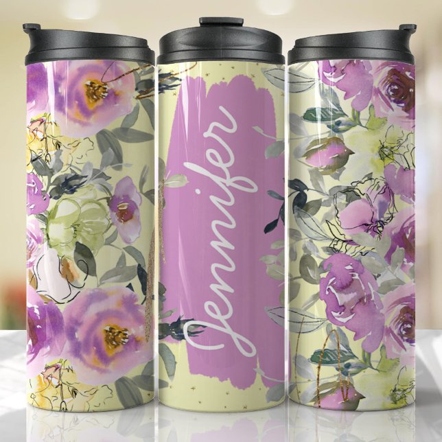 Lilac Yellow Floral Add Name Custom Gift Thermosbecher (Floral Personalized Tumbler)