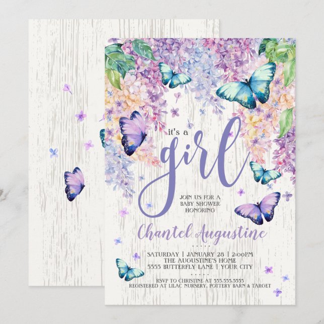 Lilacs et papillon| Invitation Baby shower (Devant / Derrière)
