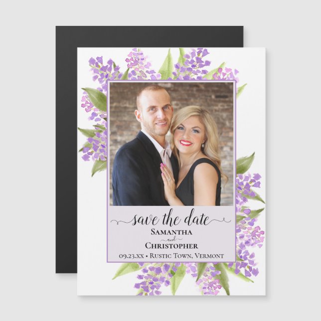 Lilacs & Foto Lavender Wedding Save the Date Magneteinladung (Vorne/Hinten)