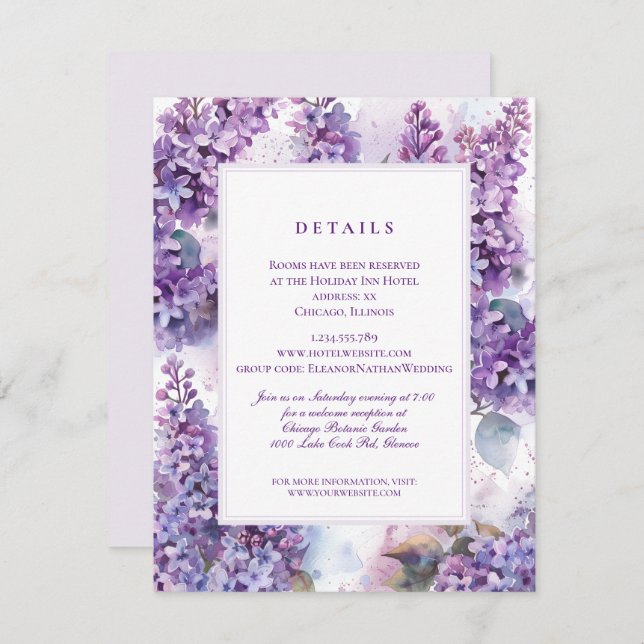 Lilacs Frame Spring Summer Wedding Details Begleitkarte (Vorne/Hinten)