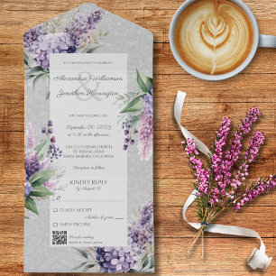 Lilacs & Heather on Gray mit QR-Code All In One Einladung