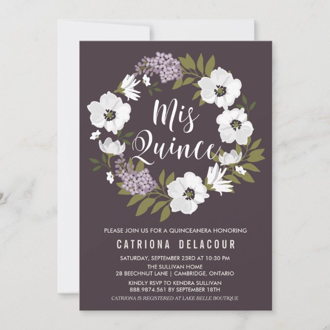 Lilacs und Anemones Floral Wreath Quinceañera Einladung (Vorderseite)