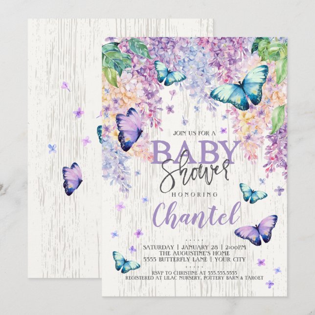 Lilacs und Butterfly | Einladung der Babydusche (Vorne/Hinten)