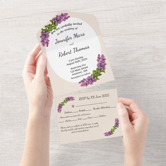 Lilacs und Cream All in One Wedding Invite_2 All In One Einladung (Abreißtisch)