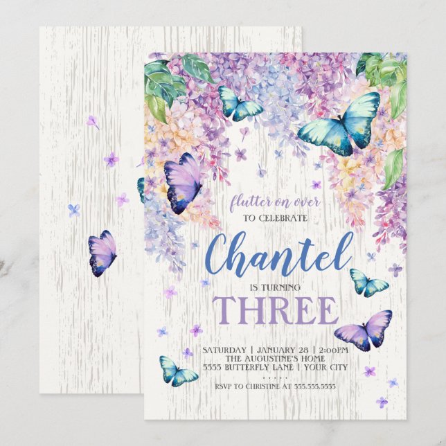 Lilacs und Schmetterling| Einladung zum Geburtstag (Vorne/Hinten)