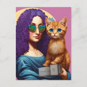 Lilahaarige Mona und ihre rote Katze Postkarte