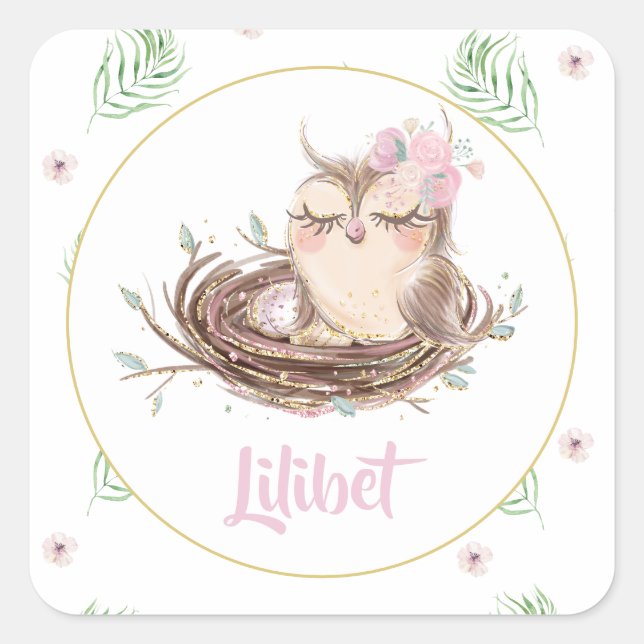 Lilibet Owl Baby Girl Shower Quadratischer Aufkleber (Vorderseite)
