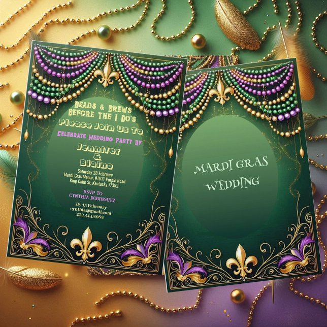 Lilie Mardi Gras Wedding Party Einladung (Bead & Brews Fleur De Lis Mardi Gras Wedding Party Invitation)
