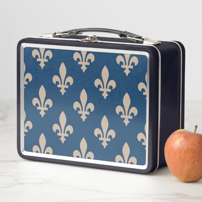 Lilie Pattern, Royal French, Cream on Blue Metall Brotdose (Beispiel)