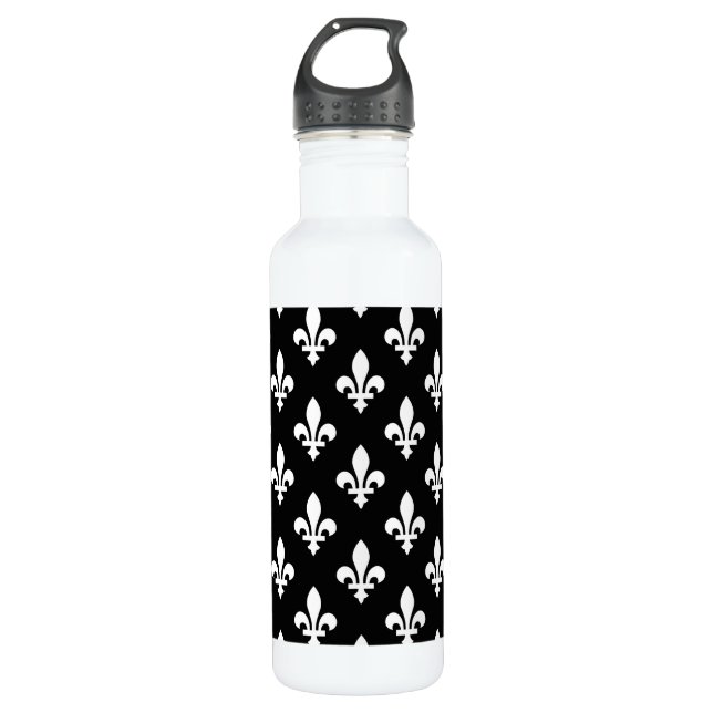 Lilie Pattern, Royal French, White on Black Edelstahlflasche (Vorderseite)