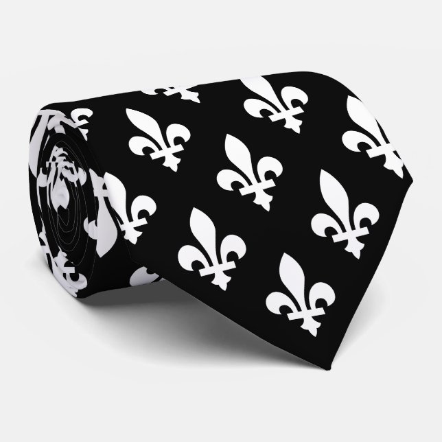 Lilie Pattern, Royal French, White on Black Krawatte (Gerollt)