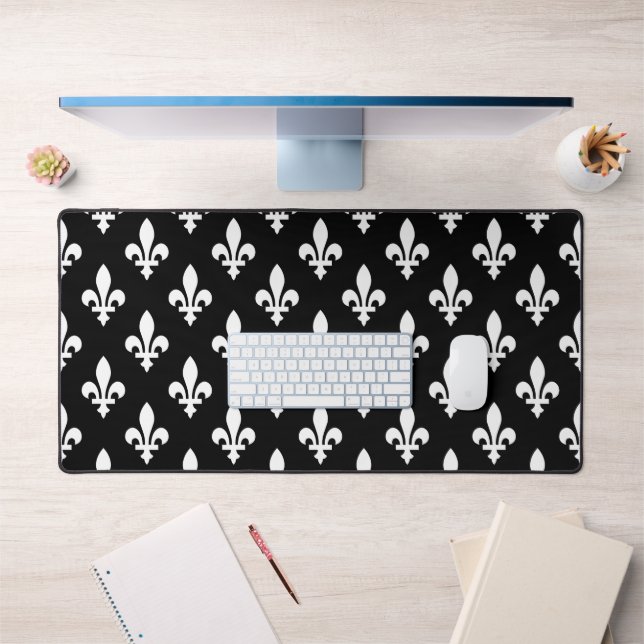 Lilie Pattern, Royal French, White on Black Schreibtischunterlage (Büro 1)