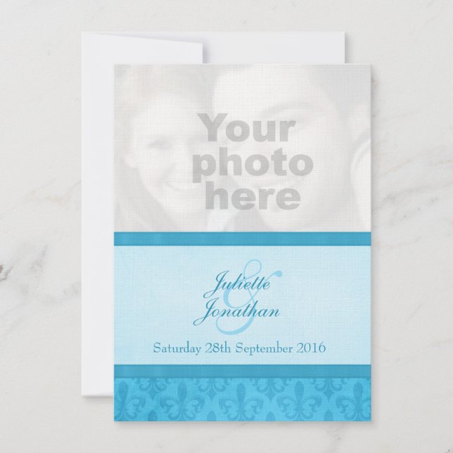 Lilie Style Blue Foto Hochzeit Einladung (Vorderseite)