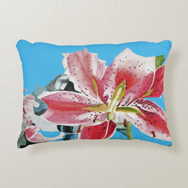 Lilien in Blau und Rosa Dekokissen (Vorderseite)