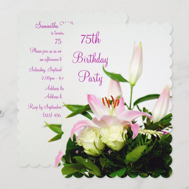 Lilien & Rose Bouquet 75. Geburtstag Einladung (Vorne/Hinten)