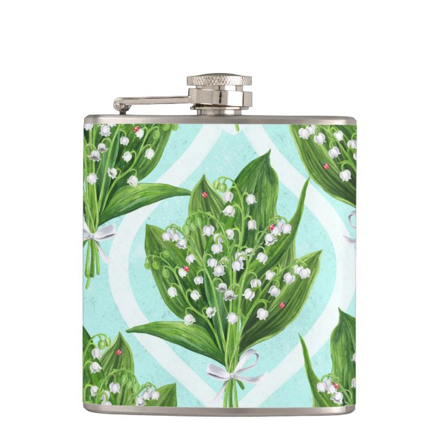 LilienBouquet der Blume des Tales auf blau Flachmann (Vorderseite)
