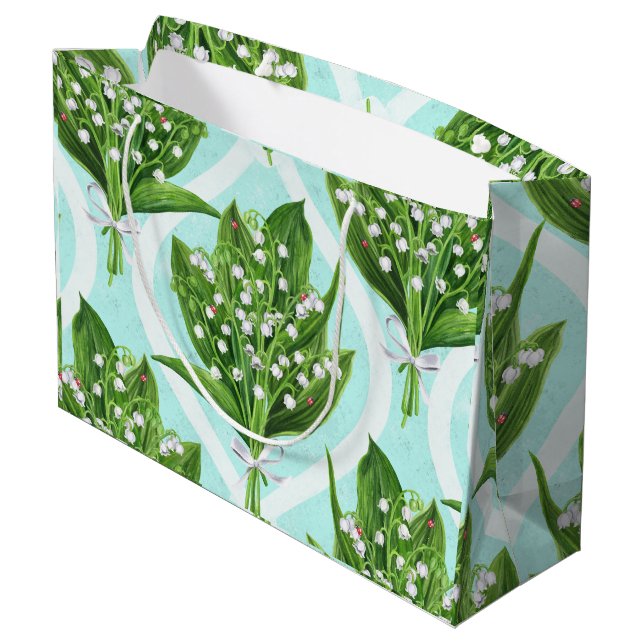 LilienBouquet der Blume des Tales auf blau Große Geschenktüte (Rückseite Schrägansicht)
