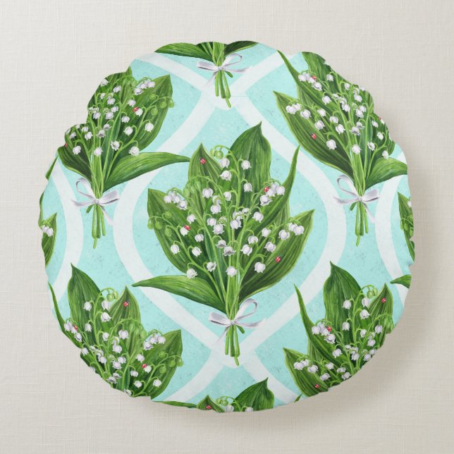 LilienBouquet der Blume des Tales auf blau Rundes Kissen (Vorderseite)