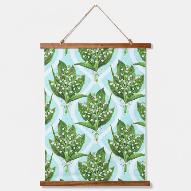 LilienBouquet der Blume des Tales auf blau Wandteppich Mit Holzrahmen (Vorderseite)