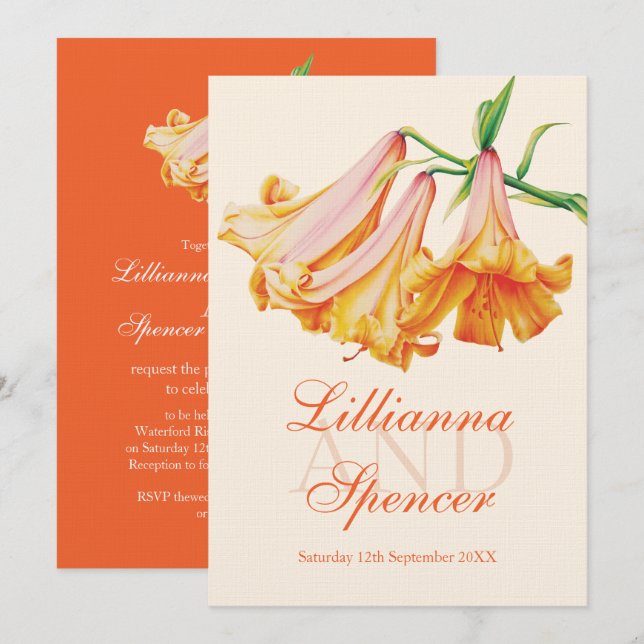 Lilienglocken-Blumen-Kunstorange Sahnehochzeit Einladung (Vorne/Hinten)