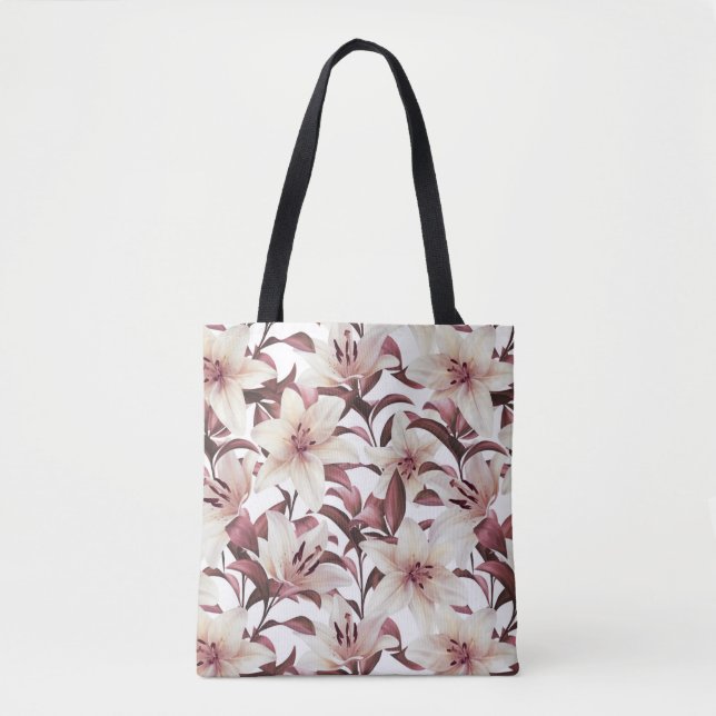 Lilies auf weiß. Blumenmuster Tasche (Vorderseite)