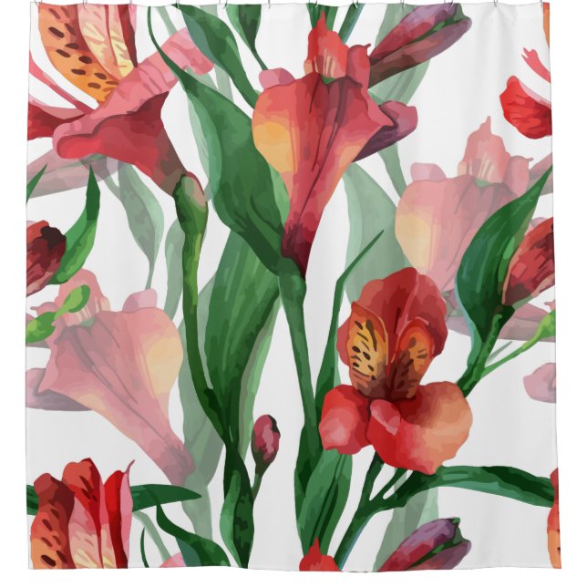 Lilies, rot-weiß Wasserfarben Duschvorhang (Vorderseite)