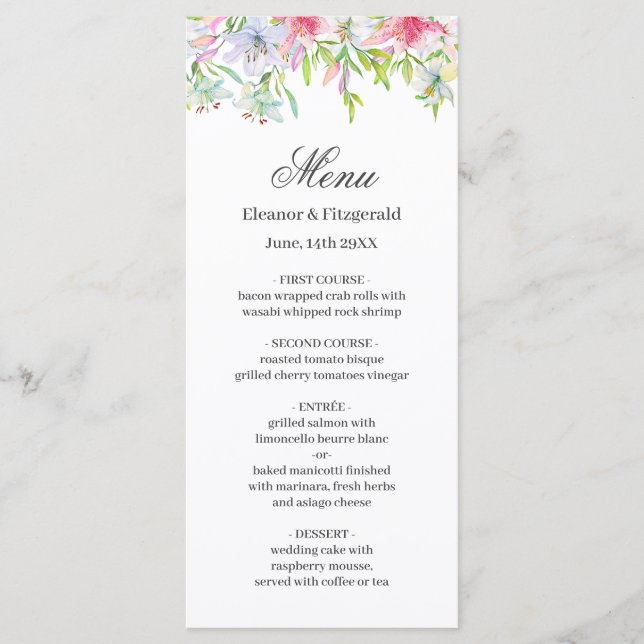 Lilies Watercolor Wedding Menu Menükarte (Vorderseite)