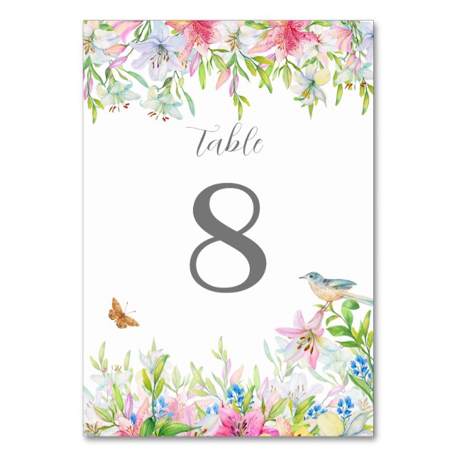 Lilies Watercolor Wedding Tischnummer (Vorderseite)