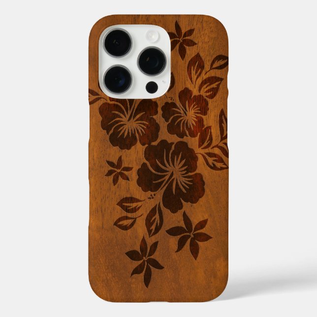 Lilikoi Hibiskus Hawaiian Imitats Wood Koa iPhone 16 Pro Hülle (Rückseite)