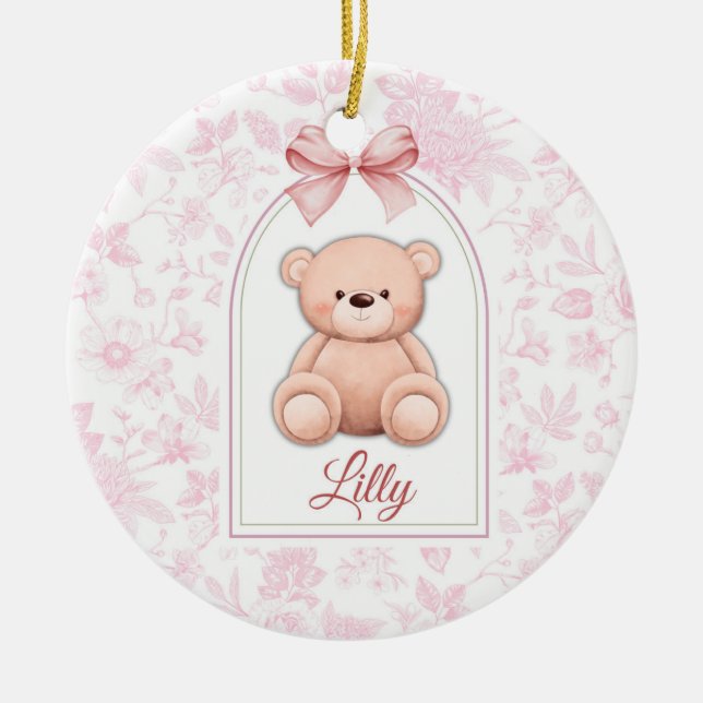 Lilly | Benutzerdefiniertes rosa Teddy-Bär-Kinderz Keramik Ornament (Vorne)