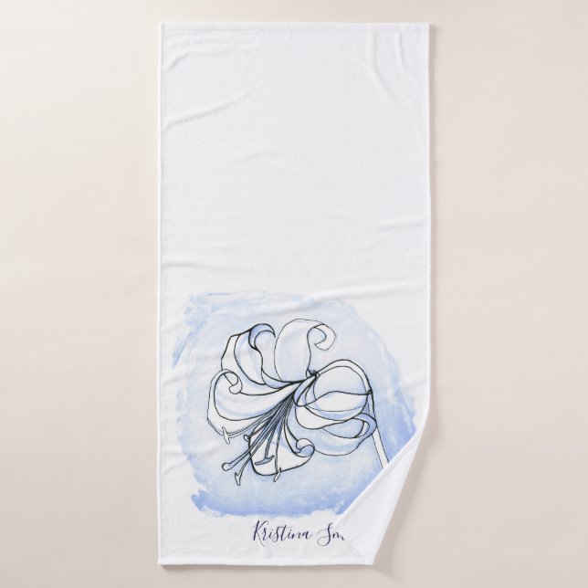 Lily Art White and Blue Elegante Blumenvorlage Badehandtuch (Badehandtuch)