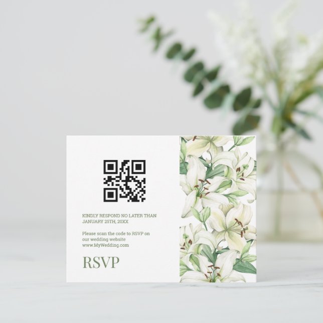 LILY Blossom Elegance QR Code RSVP Karte (Stehend Vorderseite)