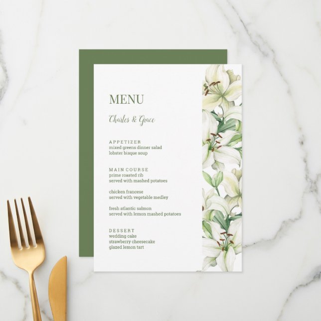 LILY Blossom Elegance Wedding Menükarte (Vorderseite/Rückseite Beispiel)