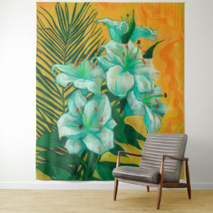 Lily Blume Palmblättrige, Frühlingsbläsermalerei Wandteppich