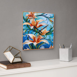 Lily Blume über den Hintergrund der Blauen Flora Quadratische Wanduhr