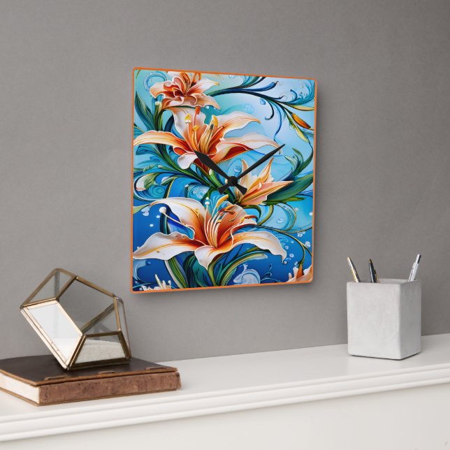 Lily Blume über den Hintergrund der Blauen Flora Quadratische Wanduhr (Büro)