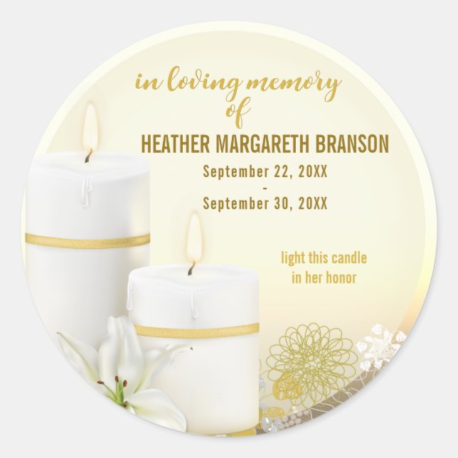 Lily Candle Beerdigung Memorial Runder Aufkleber (Vorderseite)