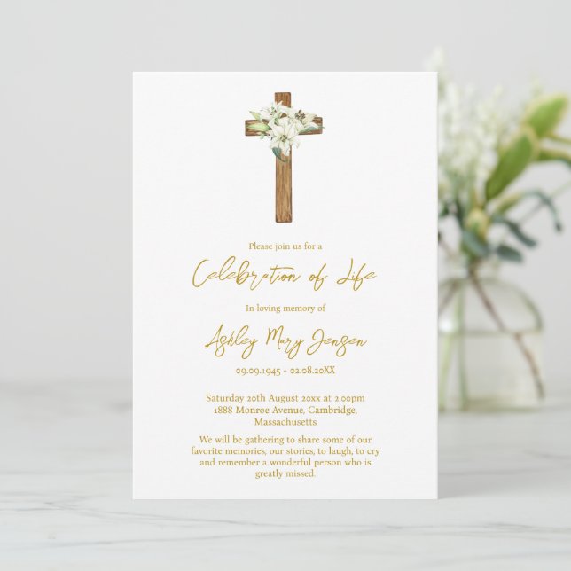 Lily Cross Celebration of Life Funeral Einladung (Stehend Vorderseite)