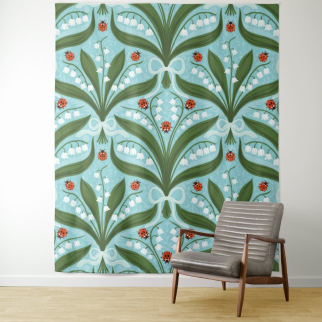 Lily des Tals und ladybugs Symmetrie in grün, Wandteppich (Beispiel)