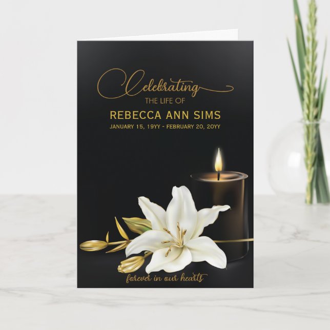 Lily Floral Black and Gold Beerdigung Programm (Vorderseite)