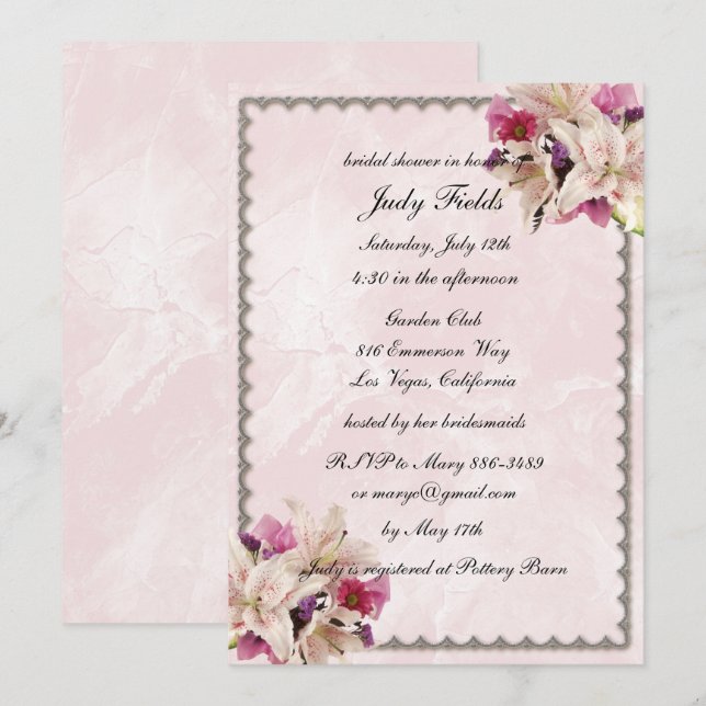 Lily Floral Pink Marble Wedding Brautparty Einladung (Vorne/Hinten)