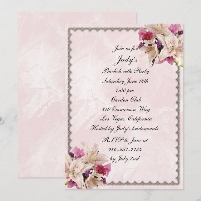 Lily Floral Pink Marble Wedding Junggeselinnen-Abs Einladung (Vorne/Hinten)