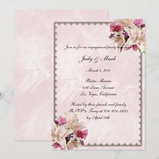 Lily Floral Pink Marble Wedding Party Einladung (Vorne/Hinten)
