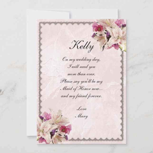 Lily Floral Pink Marble Wedding Trauzeugin Einladung (Vorderseite)