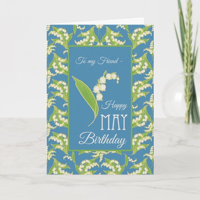 Lily-of-the-Valley May Birthday Card, Blue: Friend Karte (Vorderseite)